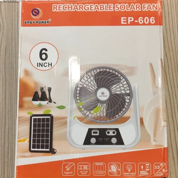 606 easy power 6" rechargeable solar fan | 3000mah battery & type c charging