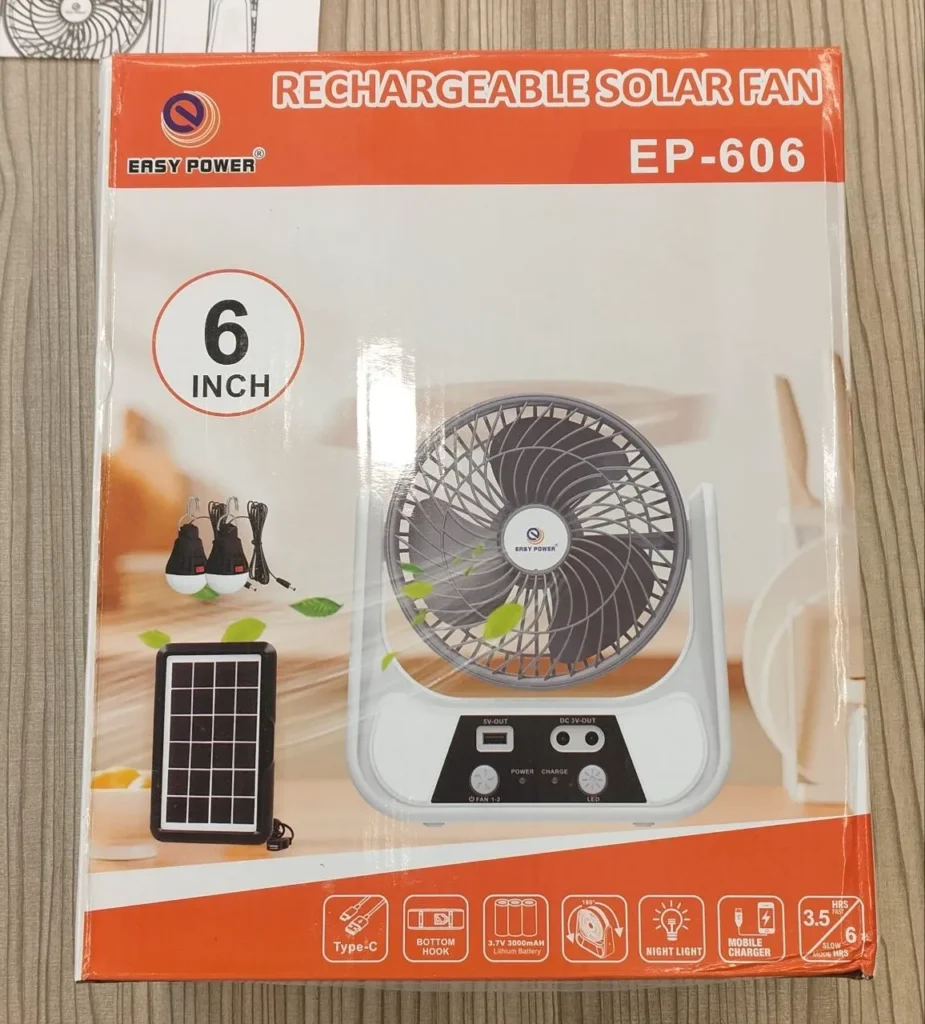 606 easy power 6" rechargeable solar fan | 3000mah battery & type c charging
